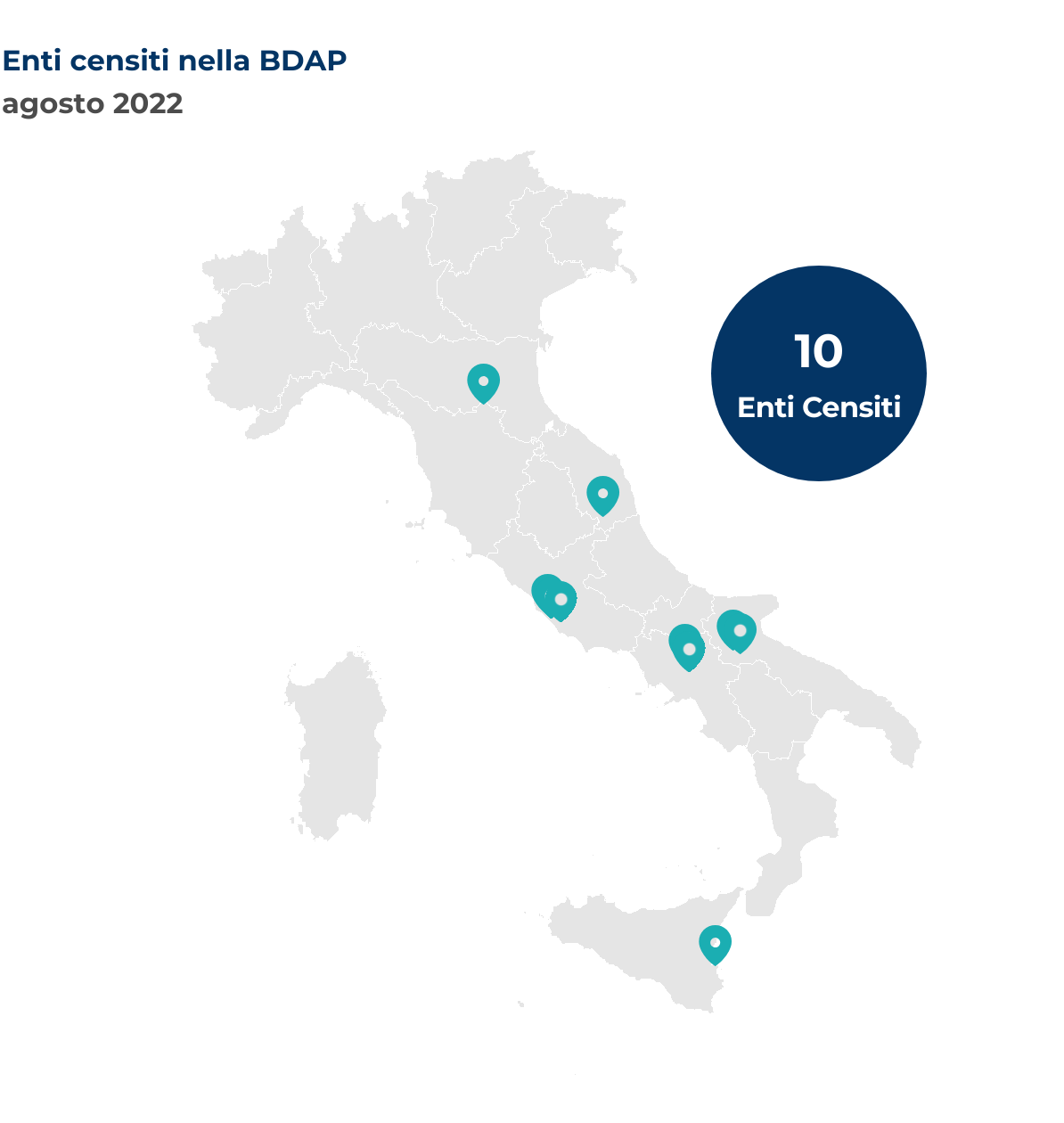Mappa dell'Italia che mostra la localizzazione per Comune degli enti censiti nella BDAP nel mese di agosto 2022.