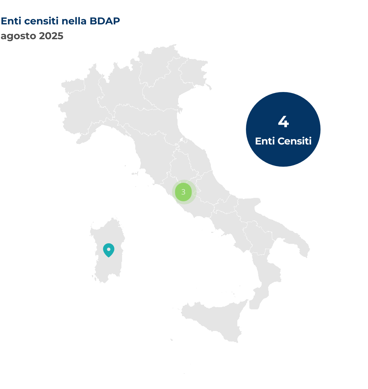 Mappa dell'Italia che mostra la localizzazione degli enti censiti nella BDAP. Nel mese di agosto 2025 sono stati censiti 4 nuovi enti, così distribuiti per regione: Lazio 3 enti, Sardegna 1 ente.