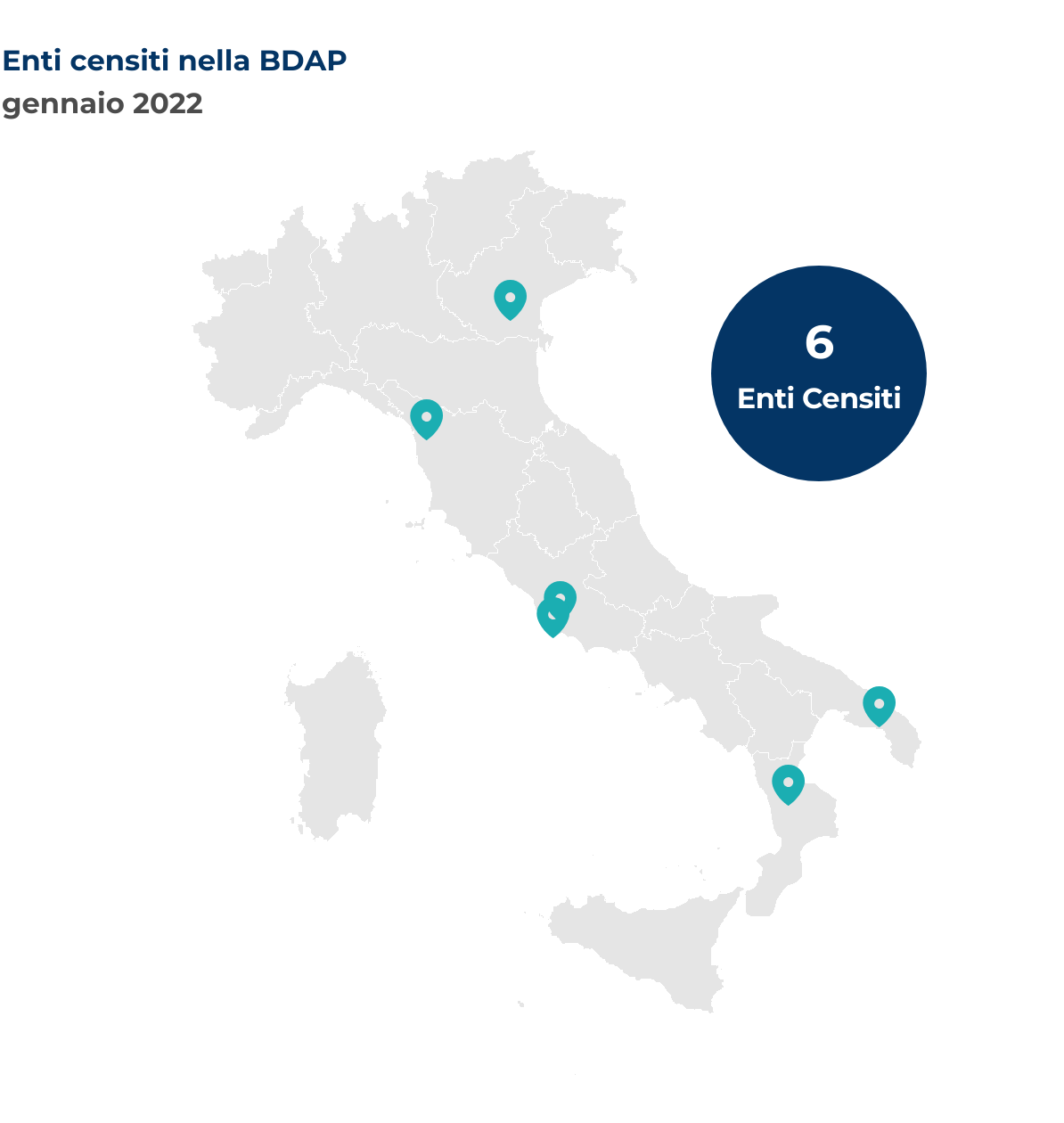 Mappa dell'Italia che mostra la localizzazione degli enti censiti nella BDAP. Nel mese di gennaio 2022 sono stati censiti 6 nuovi enti così distribuiti per regione: Calabria 1 ente; Lazio 2 enti; Puglia 1 ente; Toscana 1 ente; Veneto 1 ente