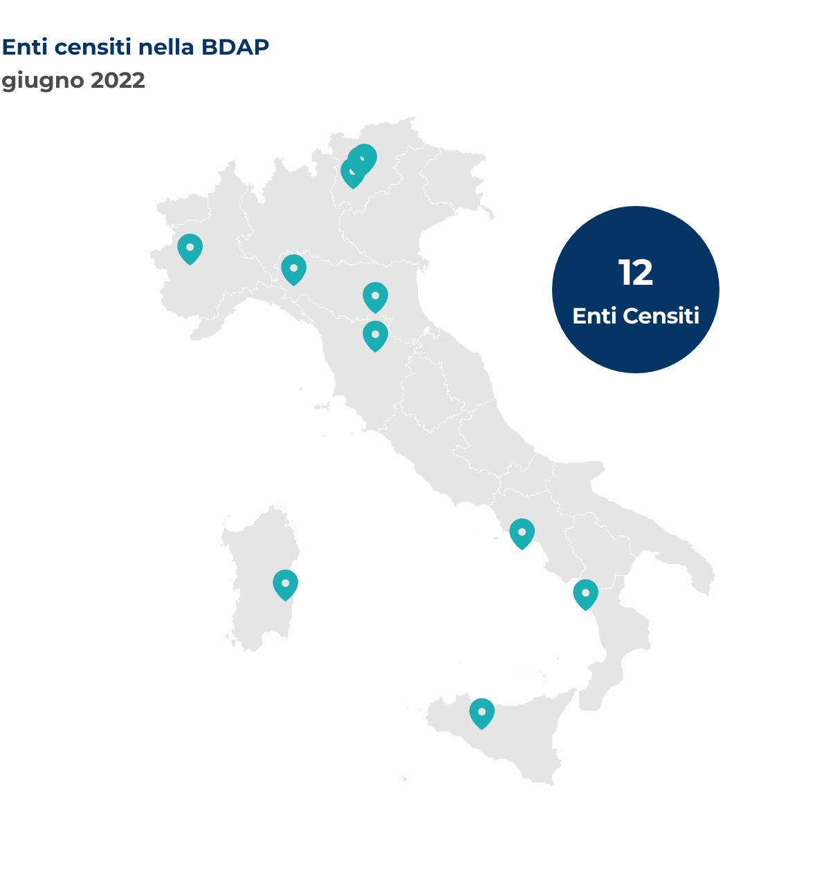 Mappa dell’Italia che mostra la localizzazione per Comune degli enti censiti nella BDAP nel mese di giugno 2022.