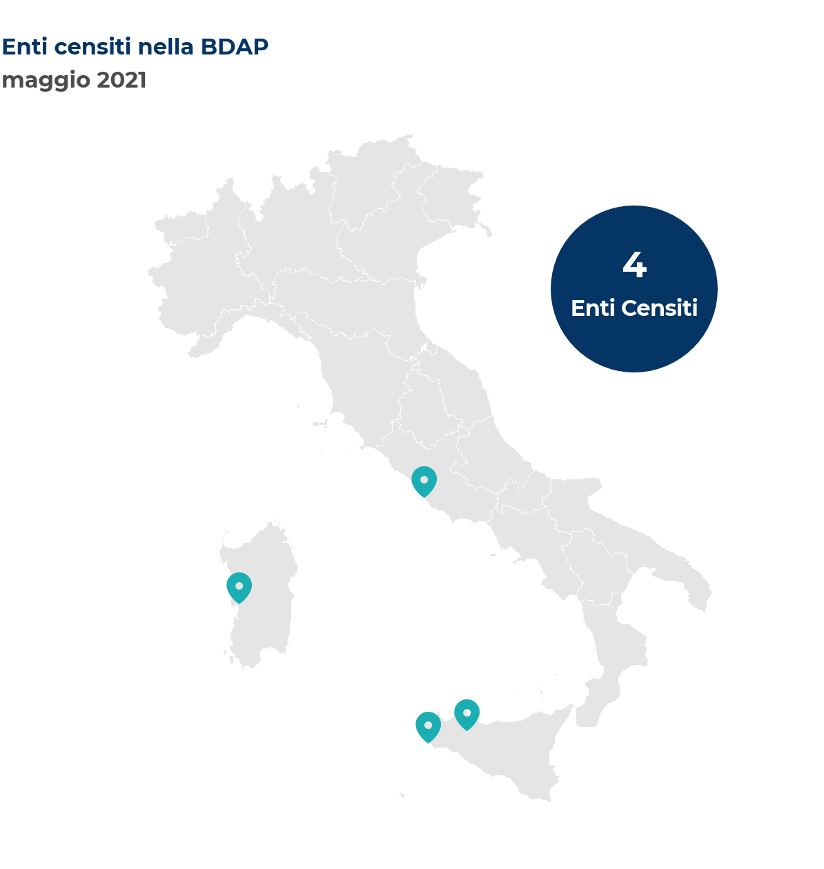 Mappa dell'Italia che mostra la localizzazione degli enti censiti nella BDAP. Nel mese di maggio 2021 sono stati censiti 4 nuovi enti così distribuiti per regione: Lazio un ente; Sardegna un ente; Sicilia due enti.