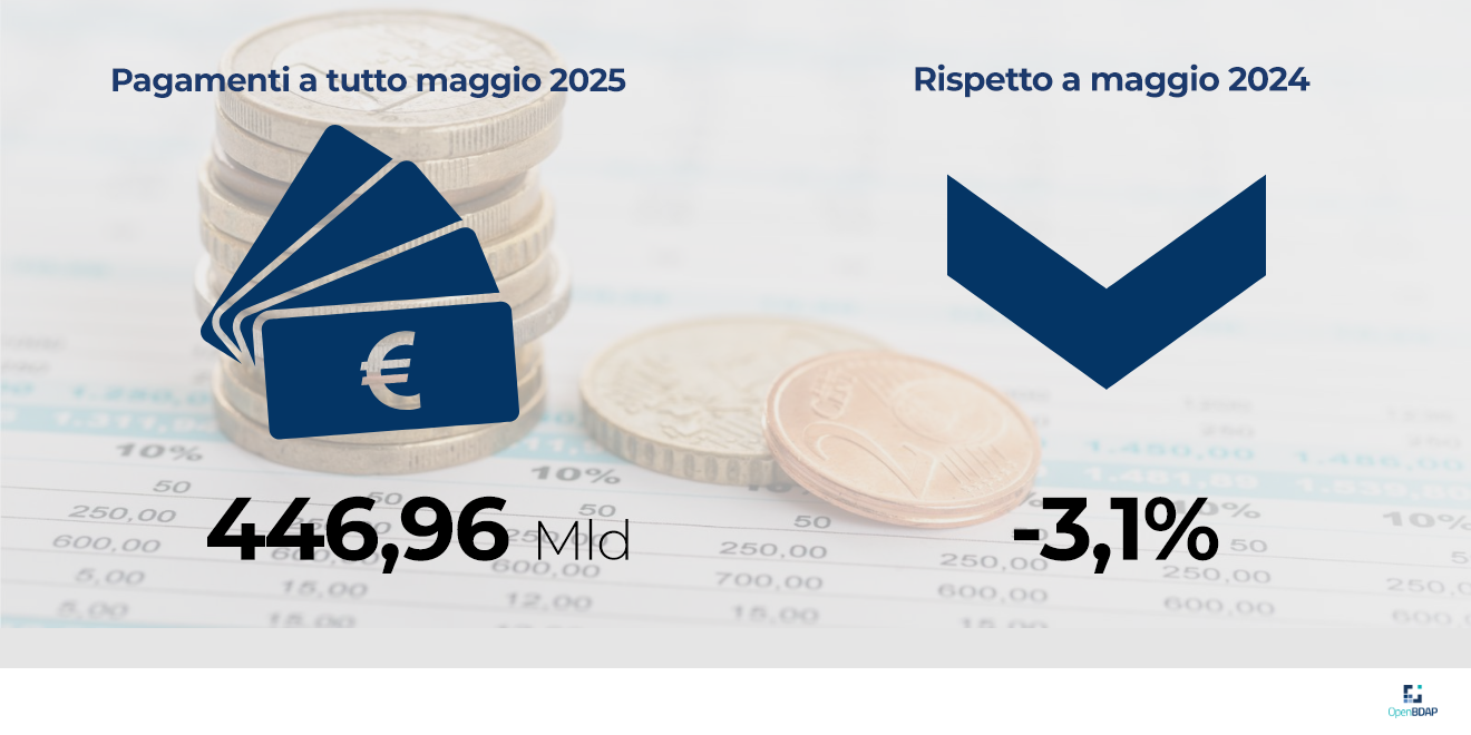 L'infografica riporta che i pagamenti del bilancio dello Stato a tutto maggio 2025 ammontano a 446,96 miliardi di euro con una variazione rispetto a maggio 2024 di -3,1%.